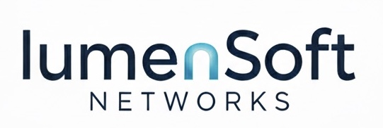 lumensoft networks logo image with black letters and blue n in the middle